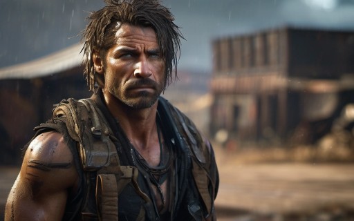 In a highly detailed and hyper realistic post-apocalyptic wasteland after a rainstorm, there is a stunning portrait of a rugged and weathered survivor with sharp features and piercing blue eyes that seem to glow in the dim light. The portrait captures a sense of strength and resilience amidst the bleak landscape, and the subject's hair is streaked with raindrops and stray strands cling to their face. The surrounding environment features abandoned buildings with broken windows and rusted metal debris strewn about, as well as vivid flashes of neon lights in the distance. This digital painting by a master artist combines elements of cyberpunk and urban decay, with bold chromaticity and dynamic angles creating a cinematic atmosphere. ### ugly, tiling, poorly drawn hands, poorly drawn feet, poorly drawn face, out of frame, extra limbs, disfigured, deformed, body out of frame, bad anatomy, watermark, signature, cut off, low contrast, underexposed, overexposed, bad art, beginner, amateur, distorted face