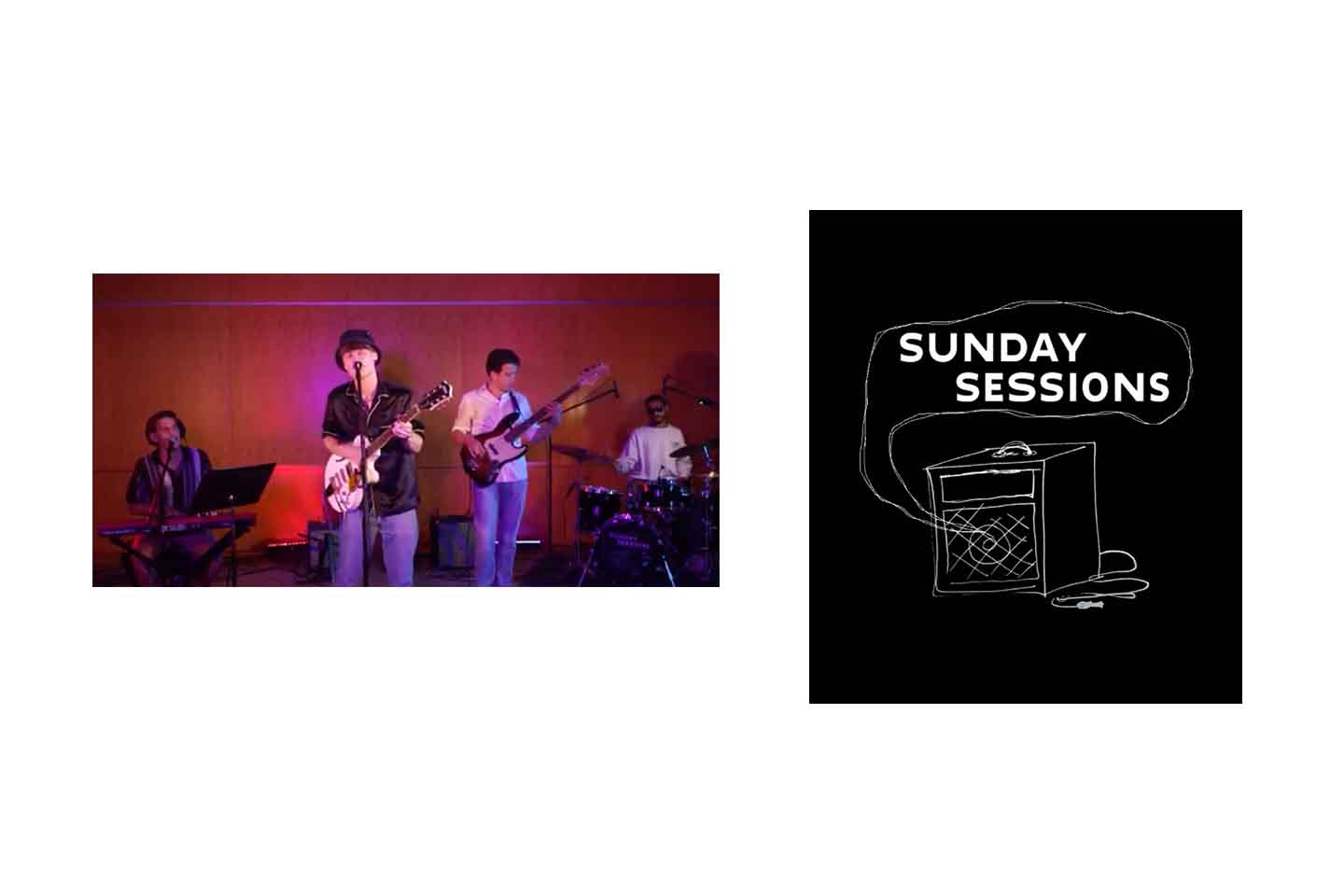 Photo of band performing next to logo for Sunday Sessions featuring a hand-drawn amplifier emitting the "sound," SUNDAY SESSIONS.