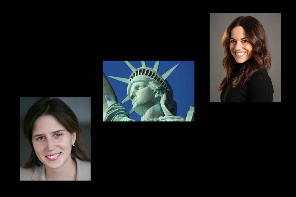 Headshots of Natalia Mehlman Petrzela and Julia Sonnevend and a photo of the head of the Statue of Liberty
