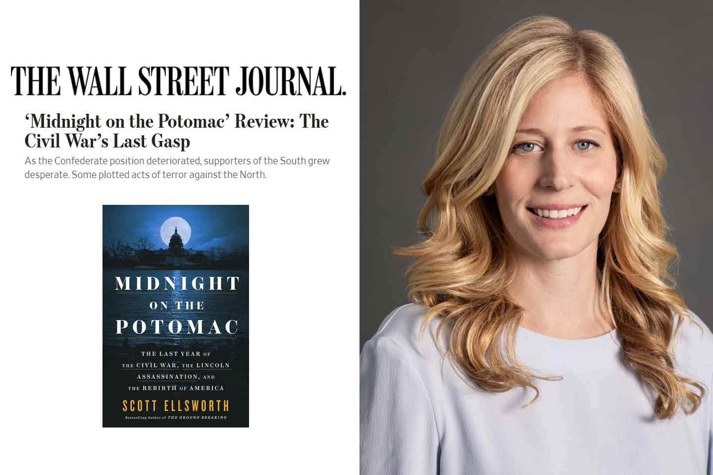 Headshot of Amanda Bellows next to masthead of the Wall Street Journal and heading of her review. Below the masthead is a cover of Midnight on the Potomac featuring the a silhouette of the US Capitol against a full moon and blue night night.