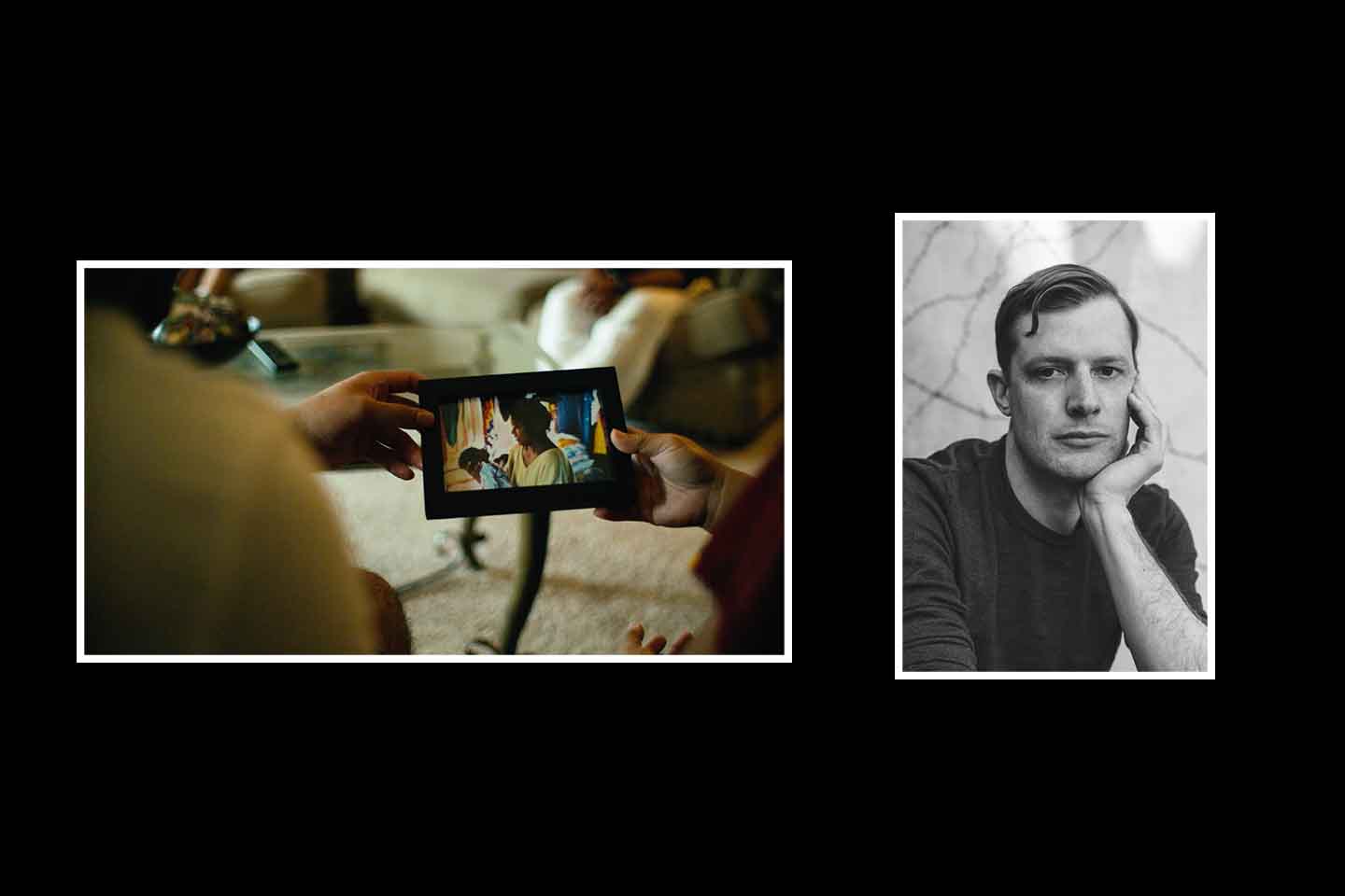 Still from lakwe: Hello, Goodbye, showing a photo held by two people we cannot see. The photo is of a woman holding a baby. Next to the film still is headshot of Nathan Fitch.