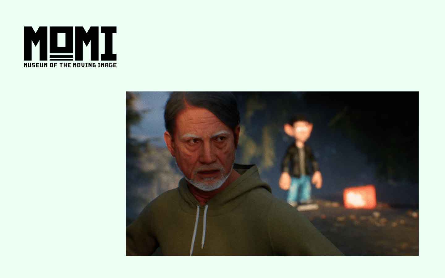 Still from The Misconceived, featuring a man in a hoodie looking suspiciously off to the side. Behind him is a 3D-rendering of a person in a jeans and a leather jacket. 