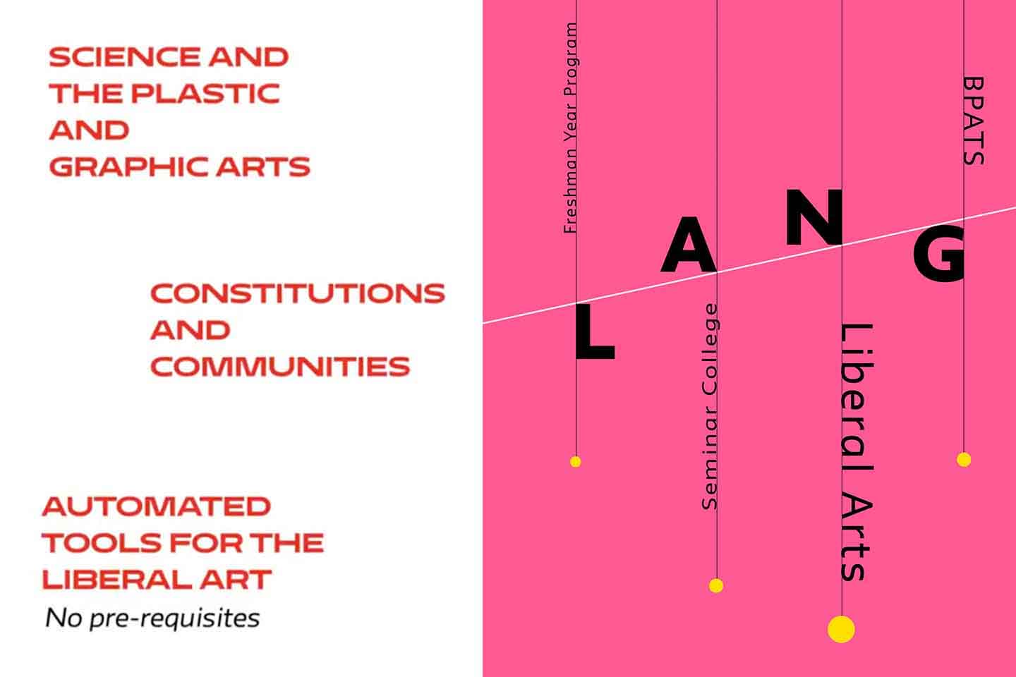 Lang at 40 branding graphic next to sampling of three course titles from 1985