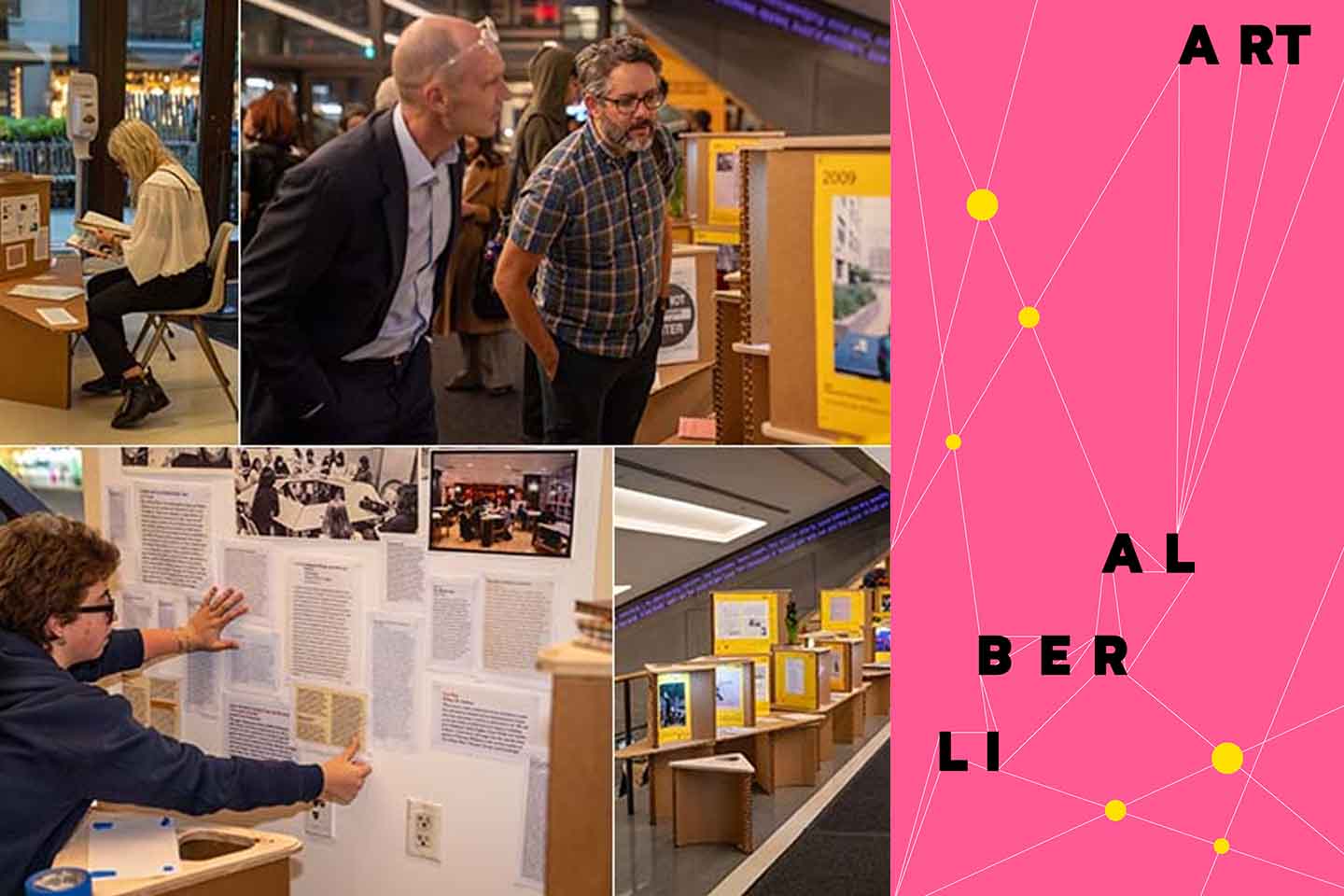 Four images: One a graphic design featuring the words "LIBERAL ART" broken up by syllable, connected by a network of lines and dots; two photos of people looking at the Lang timeline exhibit; and a photo of a student on the timeline exhibit team hanging course listings on a panel