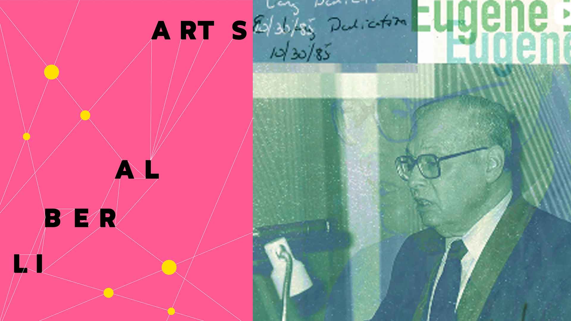 Two images: one an archival printed material with a photo of Eugene M. Lang speaking; the other a graphic of pink rectangle with a network of lines connecting the syllables: LI BER AL ARTS