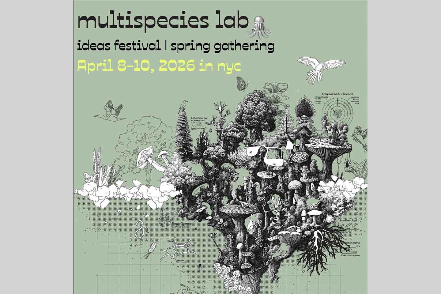 Graphic for the Multispecies Lab Festival featuring an illustration of a ecosystem floating in space and inhabited by flora and faunt such as mushrooms, trees, birds, and sea life.