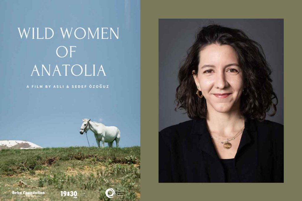Headshot of Sedef Özoğuz next to poster for Wild Women of Anatolia featuring a reined horse, standing on a grassy plain, with a white-capped mountain in the distant background