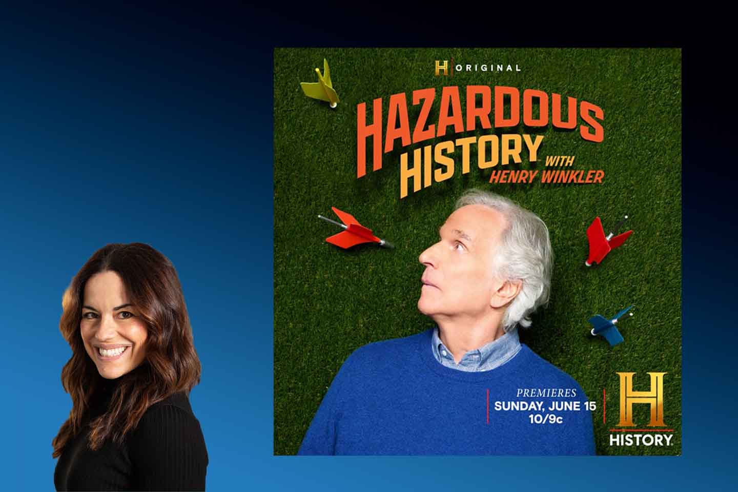 Headshot of Natalia Mehlman Petrzela next to promotional graphic for "Hazardous History," featuring Henry Winkler warily eyeing a rubber-tipped toy airplane, one of a few that surround him on a background of astroturf.