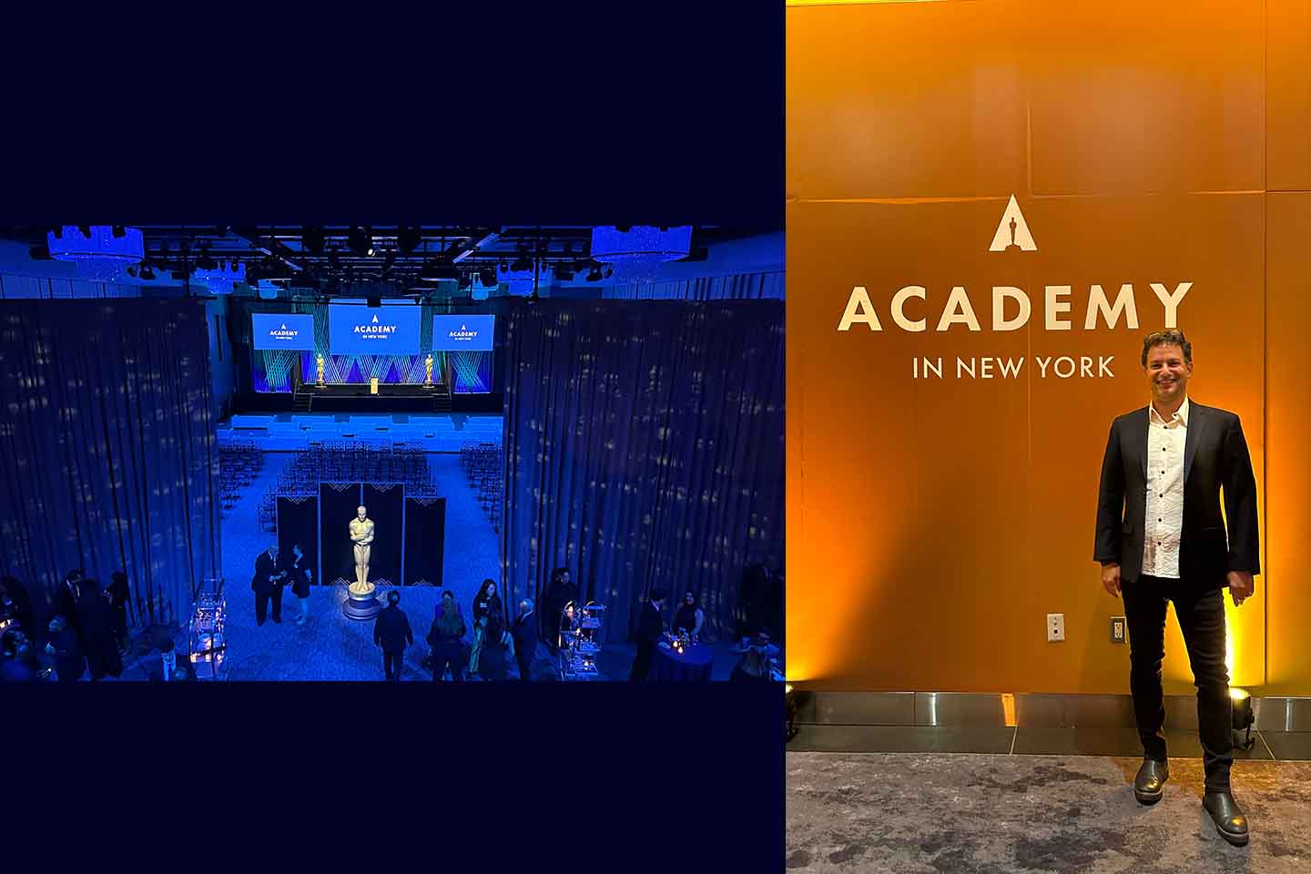 Two photos: one of ceremony attendees entering the auditorium where a tall model of the Oscar statuette stands; the other a photo of Tal S. Shamir standing in front of a wall with the Academy logo on it