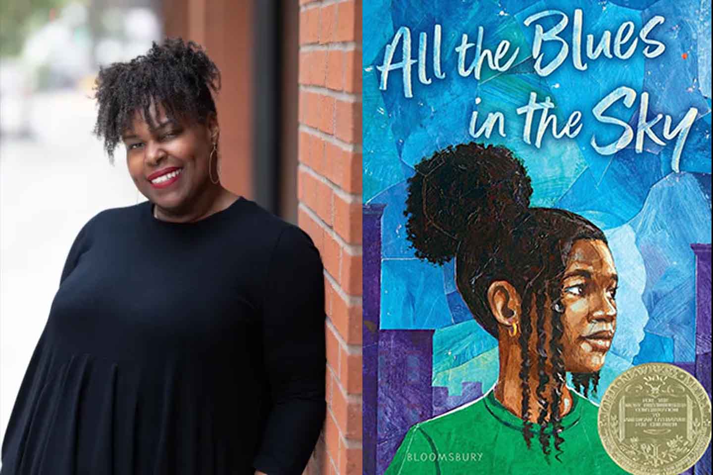 Medium photo of Renée Watson next to cover her book, featuring a 13-year-old girl looking to her left. Behind her is a blue, starry sky over a distant skysraper.