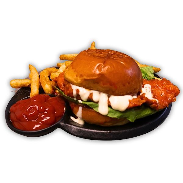 L: Buffalo Chicken Sandwich & Fries