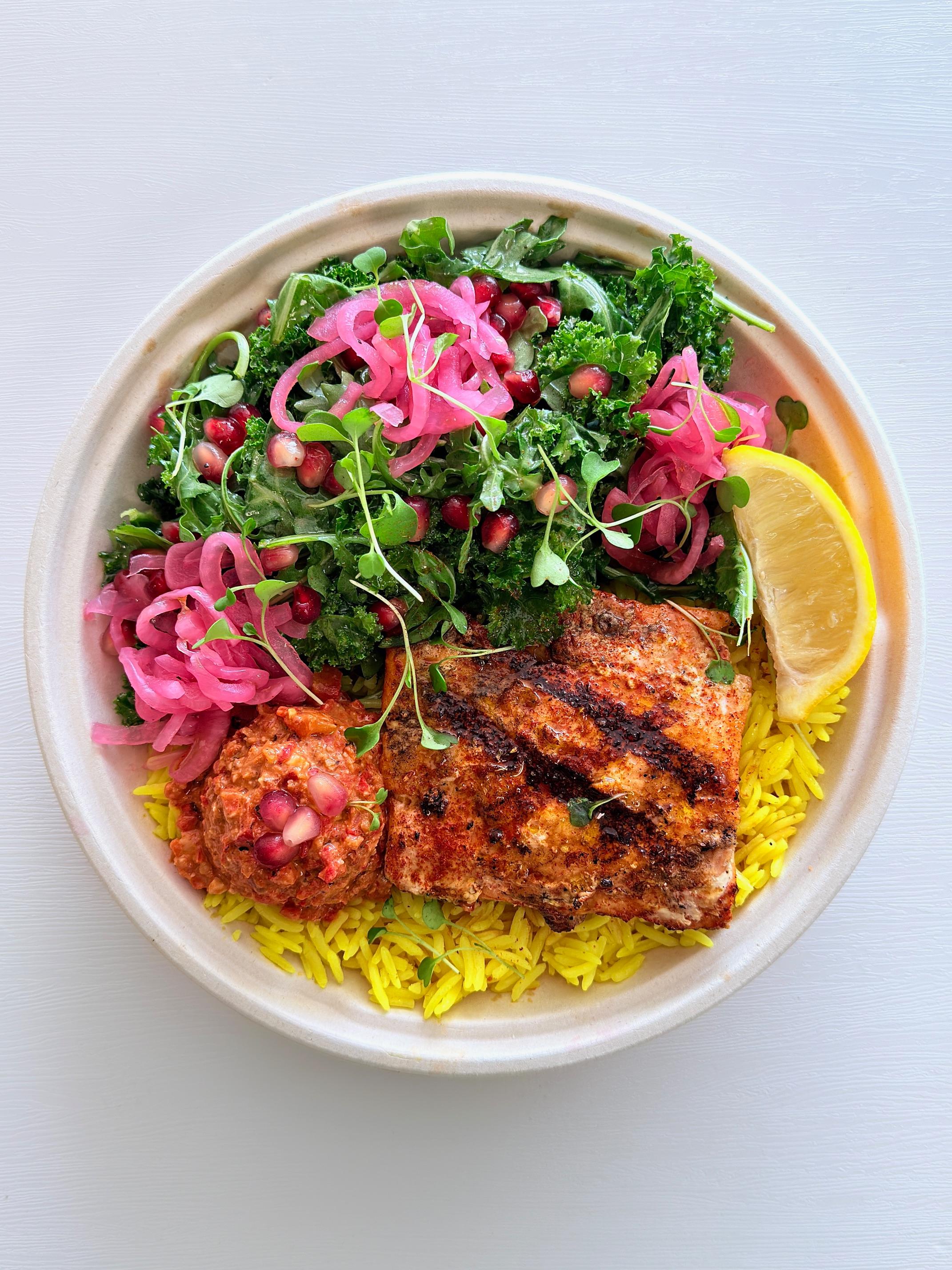 Wild Salmon Rice Bowl at Fil Fil Mediterranean in Homer Glen, IL.