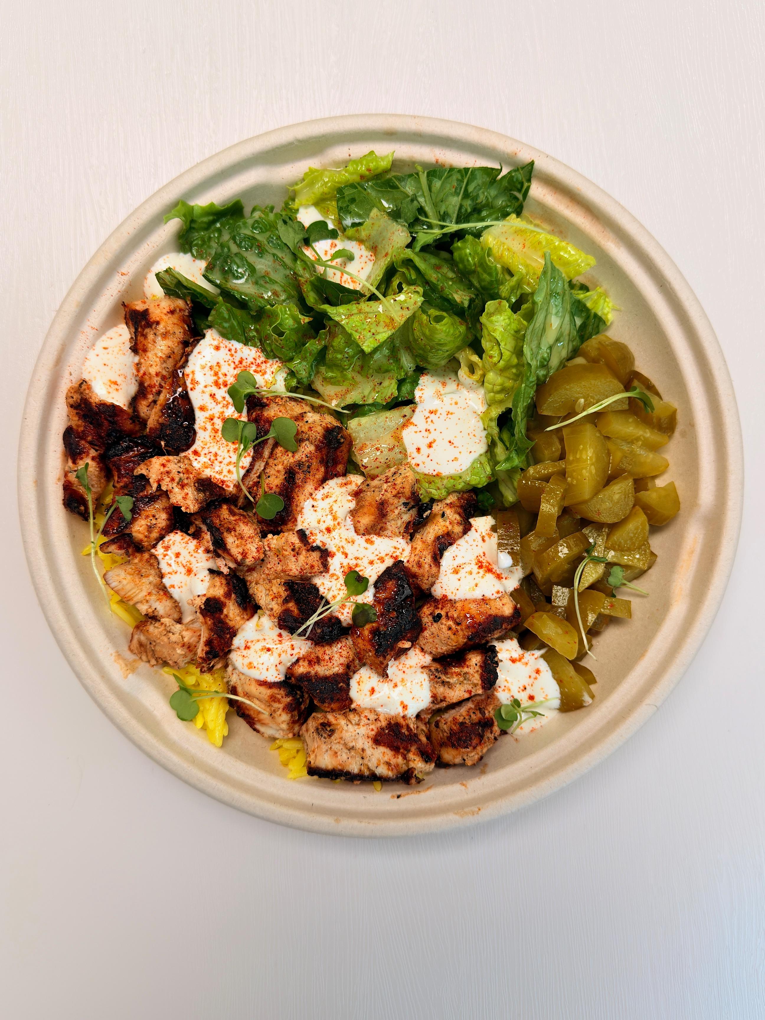 Chicken Taouk Rice Bowl at Fil Fil Mediterranean in Homer Glen, IL.