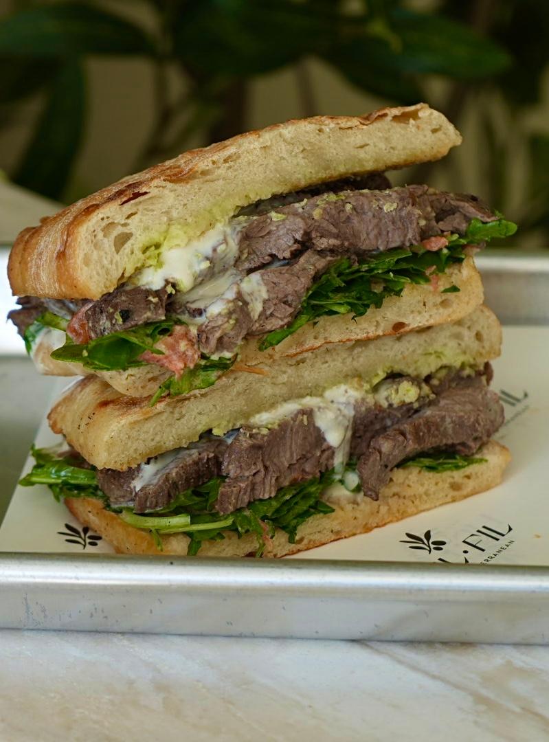 Skirt Steak Ciabatta at Fil Fil Mediterranean in Homer Glen, IL.