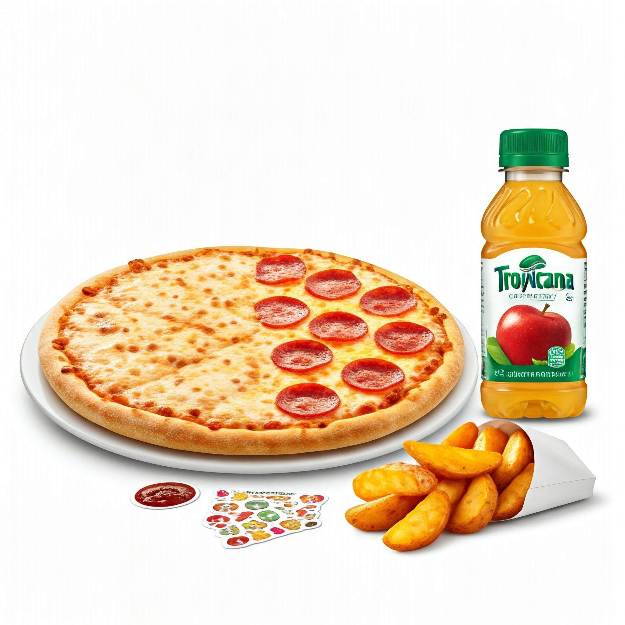 Kids Combo 2- pizza half cheese-half pepperoni, Juice, Small Potato wedges, sticker pack