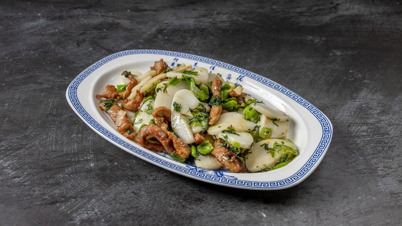 Sautéed Rice Cake with Pork - 雪菜肉丝炒年糕 (GF)