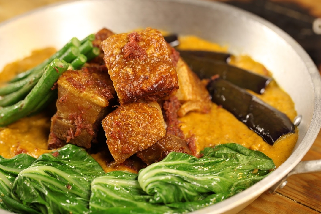 Peanut Garlic Stew with Crispy Pork Belly | Kare kare Bagnet