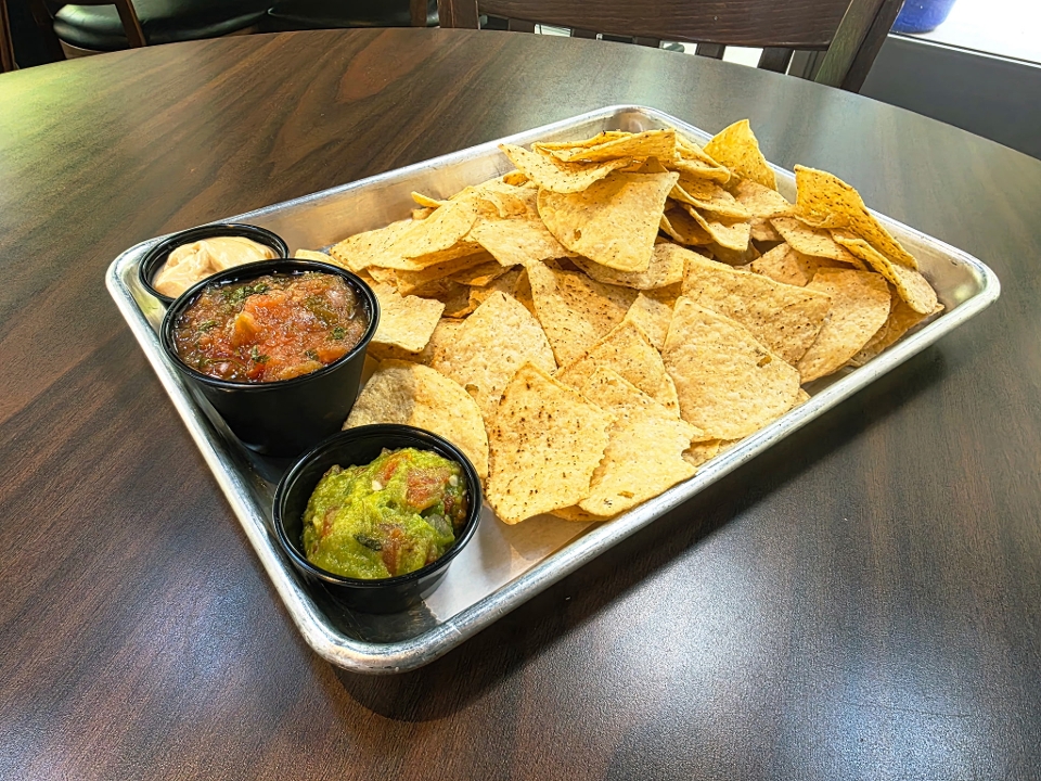 A visualization of the menu item "Chips and Dips Trio"
