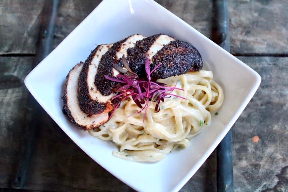 Blackened Chicken Fettuccini Alfredo.