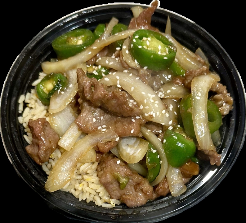 SPICY SAUTEED BEEF W/ JALAPENO SLICES W/ RICE & SODA