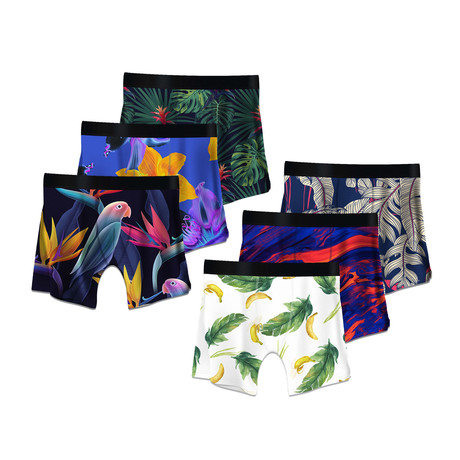 Men's Boxer Briefs // Tropical + Bananas + Parrots + Psychedelic + Ficus + Color Swirls // 6-Pack (M)