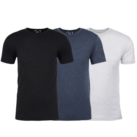 3-Pack Soft Heathered Tri-blend Crew Neck T-Shirts // Black + Indigo + White // Pack of 3 (L)