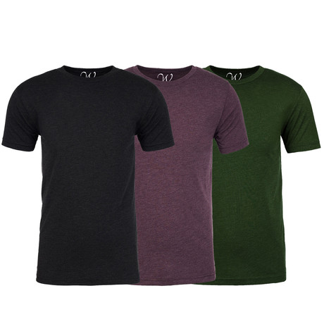 3-Pack Soft Heathered Tri-blend Crew Neck T-Shirts // Black + Burgundy + Forest Green // Pack of 3 (S)