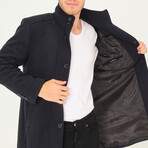 Button Up Mock Neck Sharkskin Overcoat // Dark Blue (XXL)