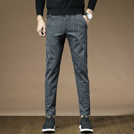 Wide Grid Print Slim Fit Pants // Gray (32)
