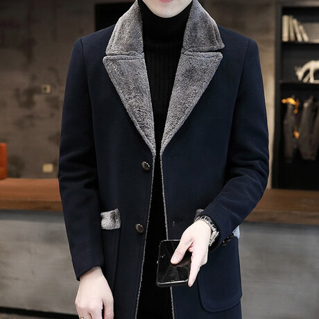 Faux Fur Lapel Chesterfield Coat // Navy Blue (M)