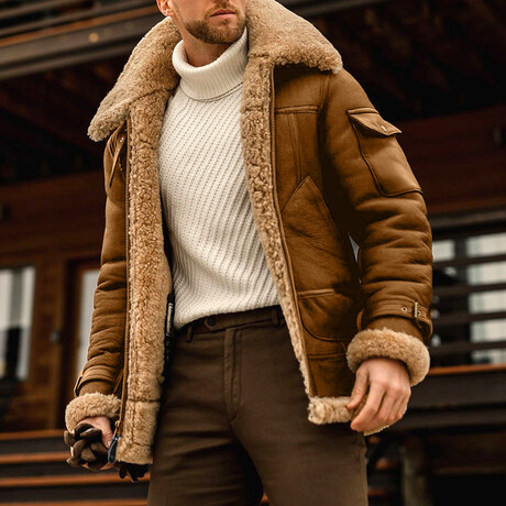 Utility Faux Plushed Leather Jacket //  Brown (3XL)