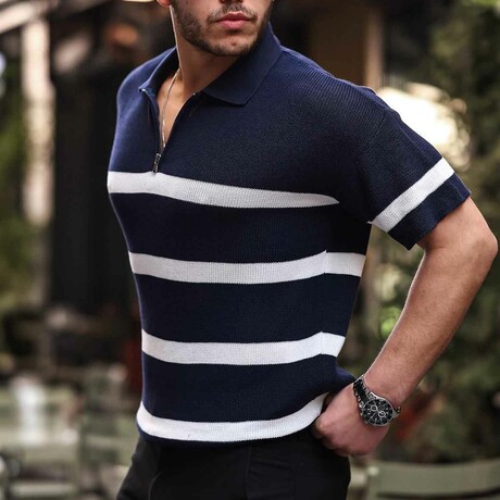 Half Zipper Striped Oversize Knitwear T-Shirt // Navy (L)