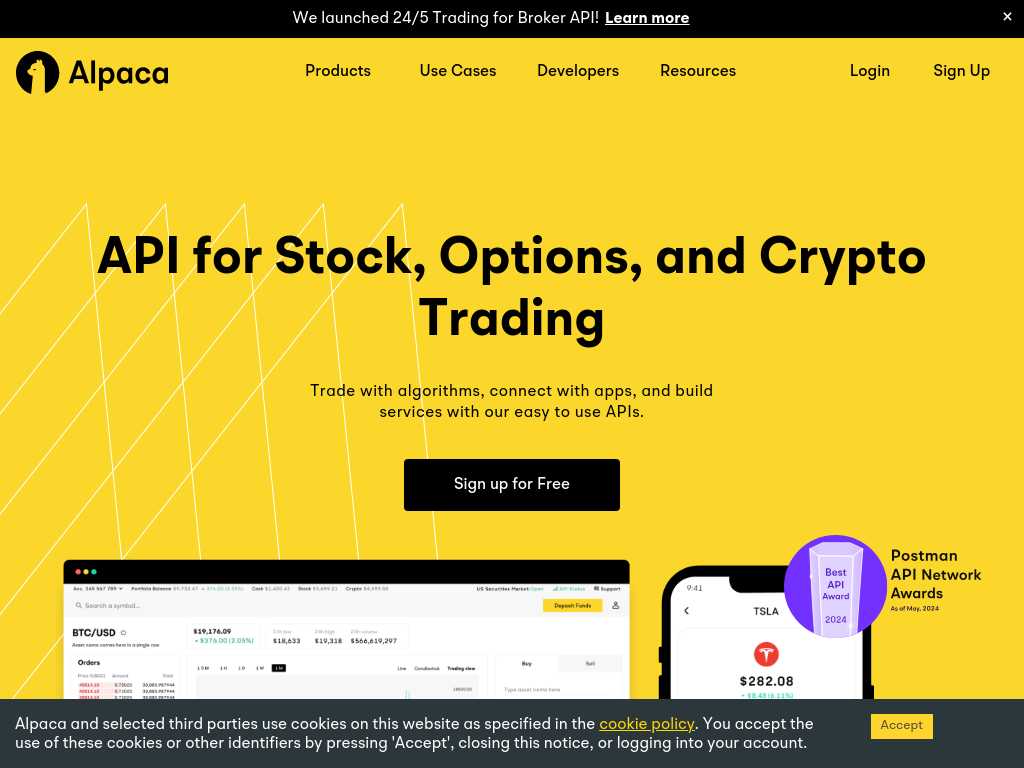 Screenshot of the website of Alpaca Securities