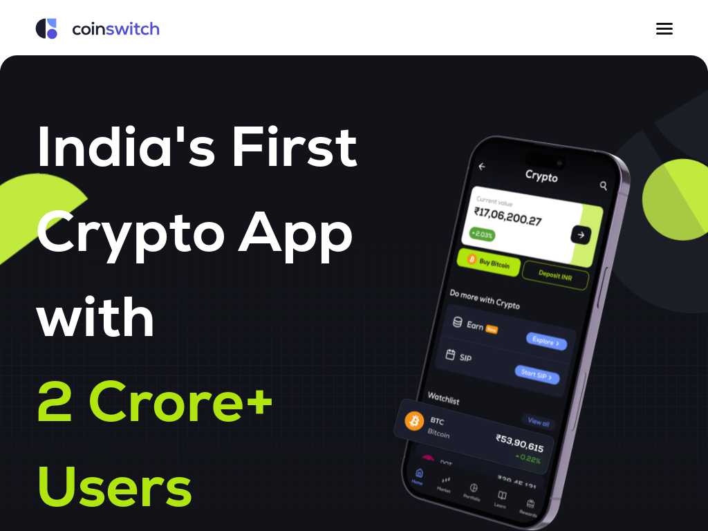 Screenshot of the website of CoinSwitch