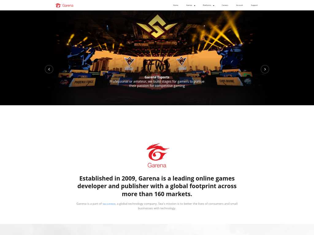 Screenshot of the website of Garena
