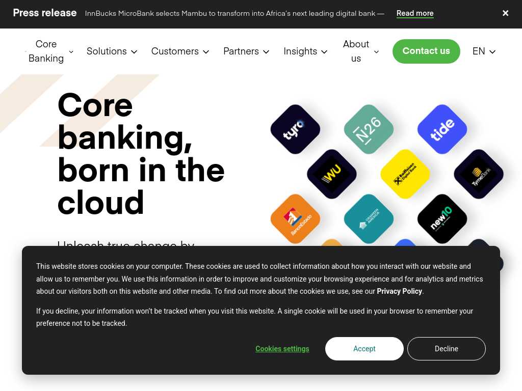 Screenshot of the website of Mambu