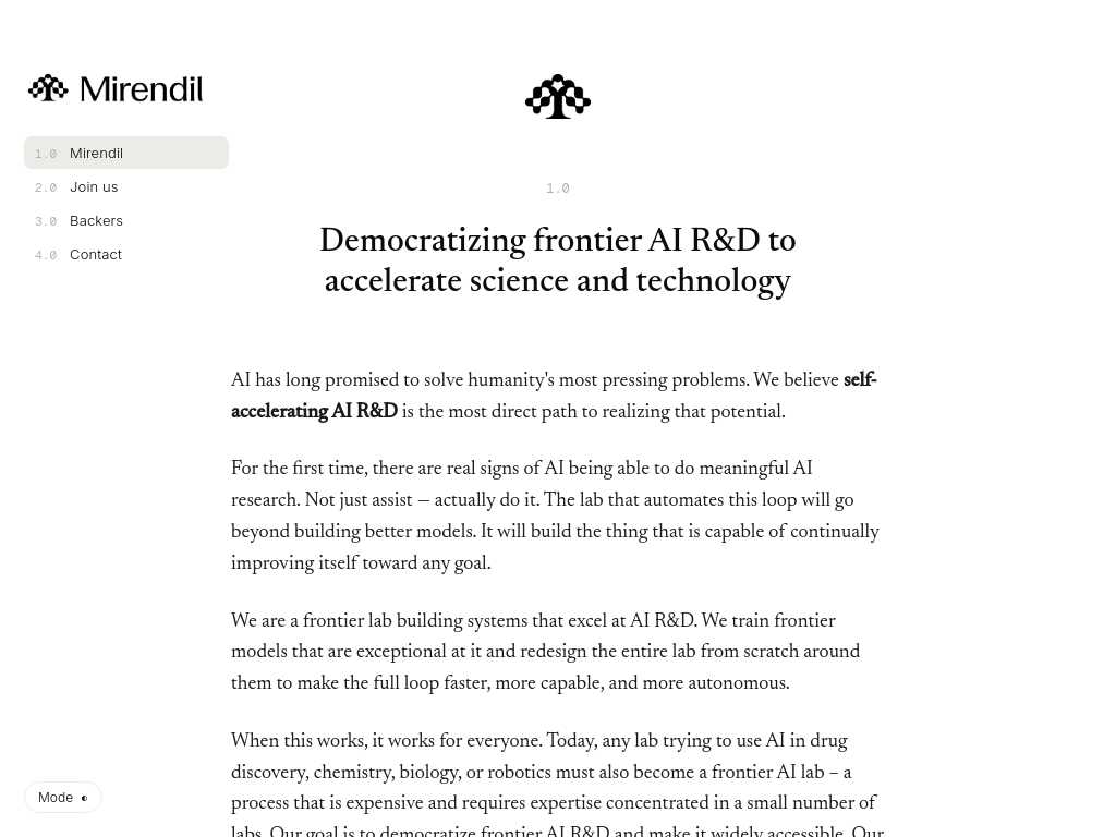 Screenshot of the website of Mirendil