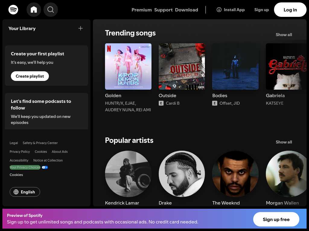 Screenshot of the website of Spotify