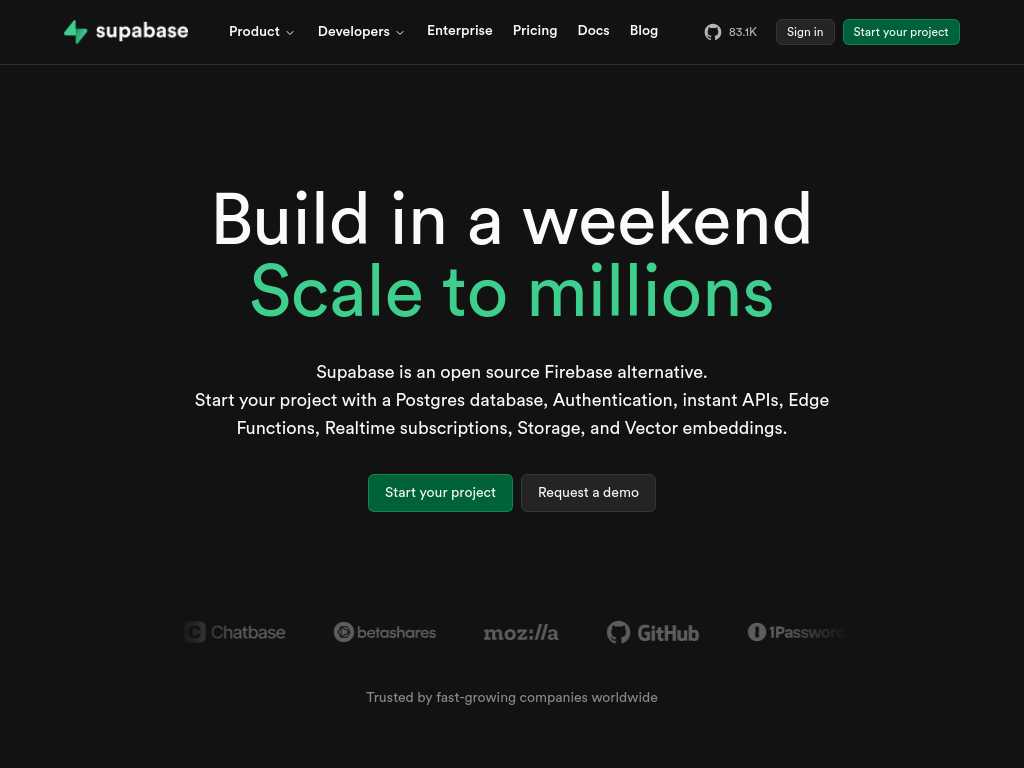 Screenshot of the website of Supabase
