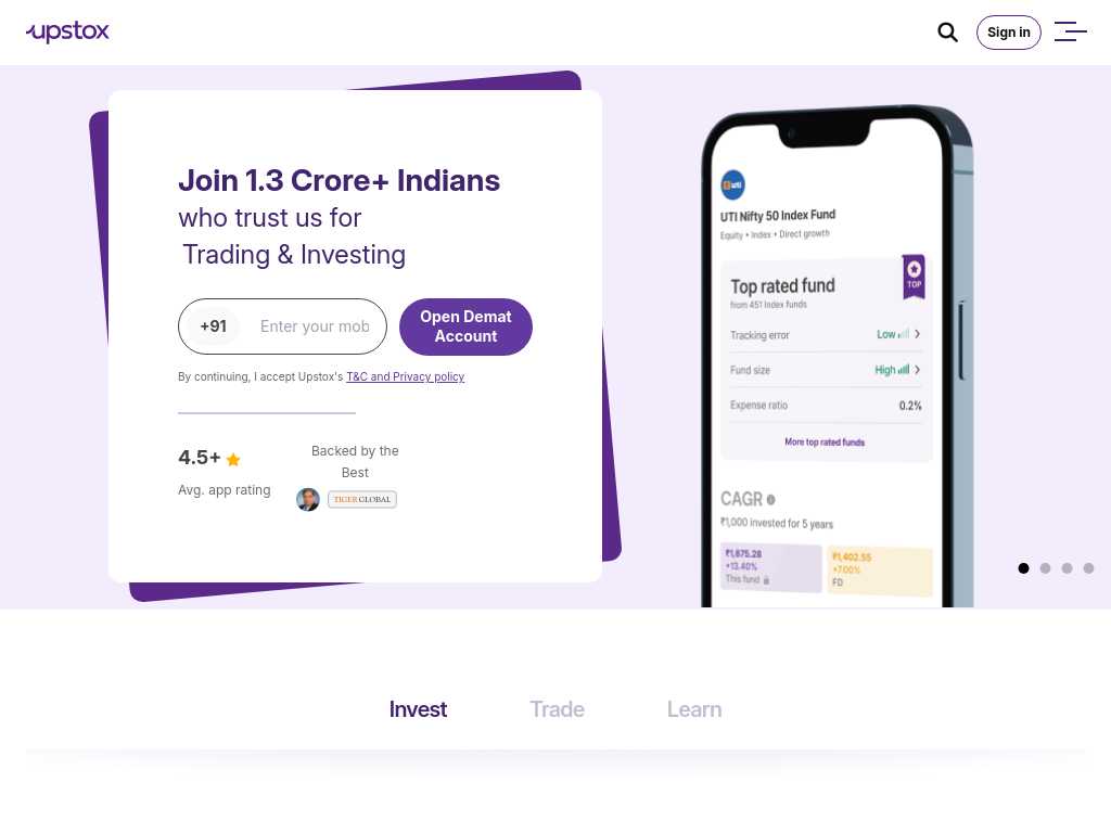 Screenshot of the website of Upstox