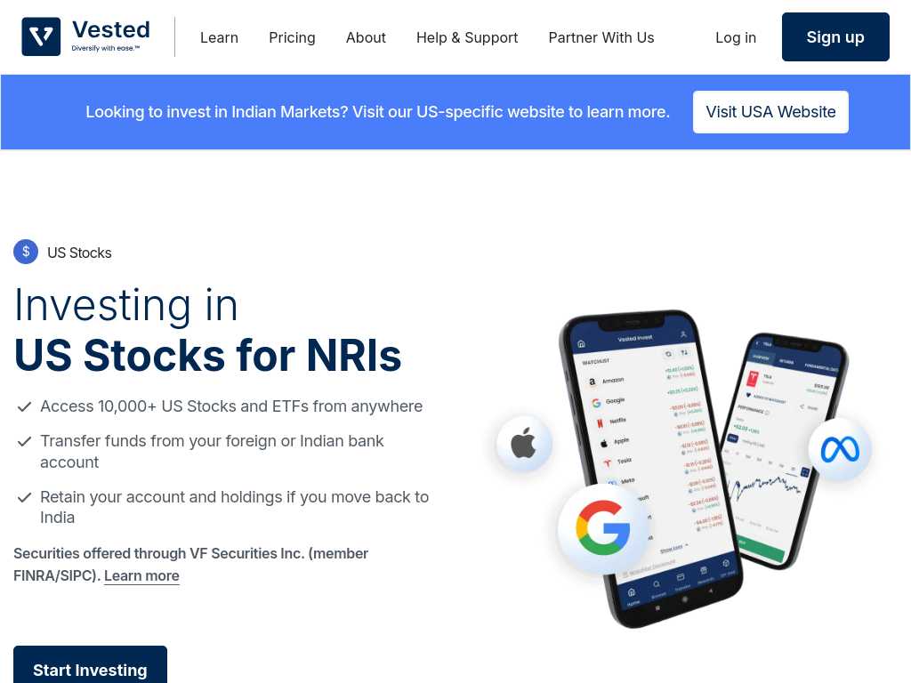Screenshot of the website of Vested Finance