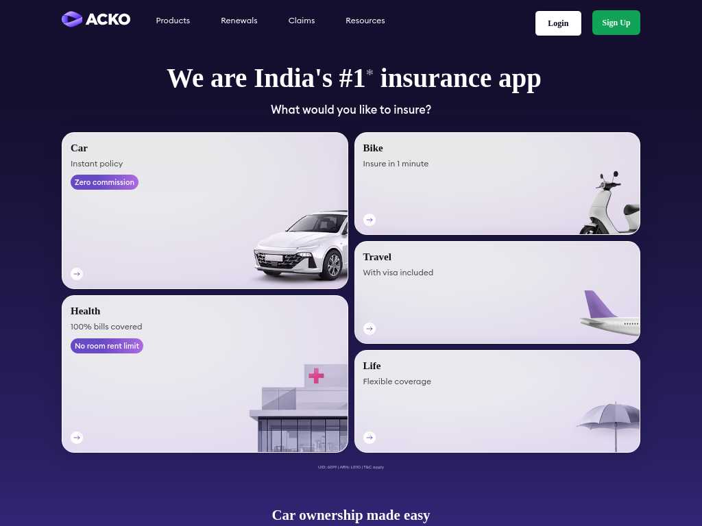 Screenshot of the website of ACKO