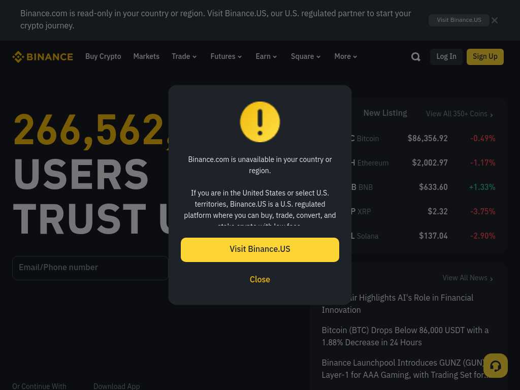 Screenshot of the website of Binance