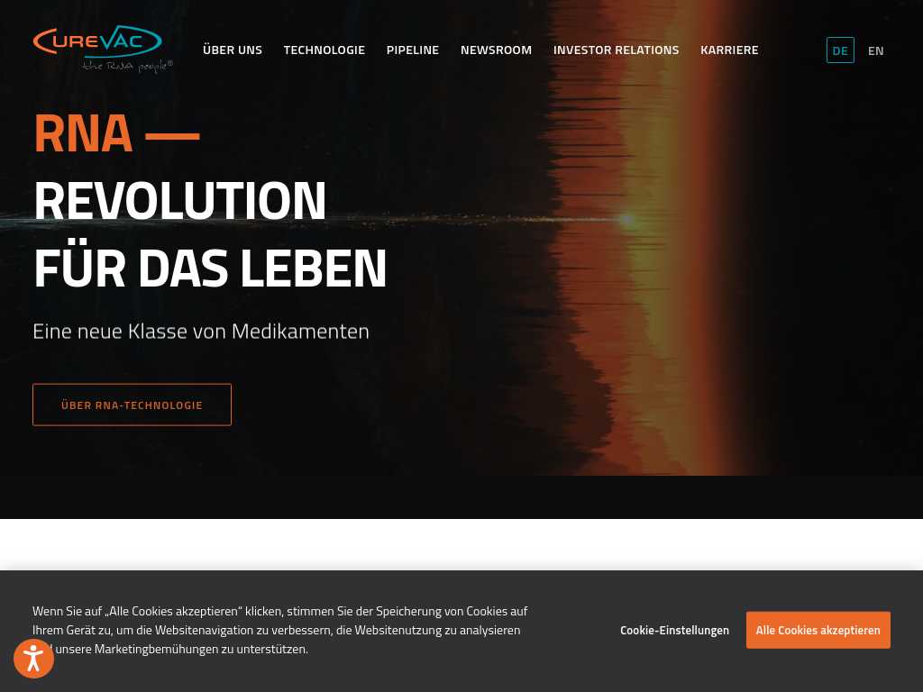 Screenshot of the website of CureVac