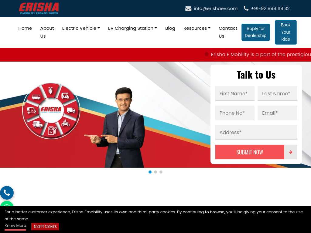 Screenshot of the website of Erisha E Mobility