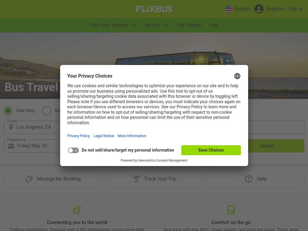 Screenshot of the website of FlixBus