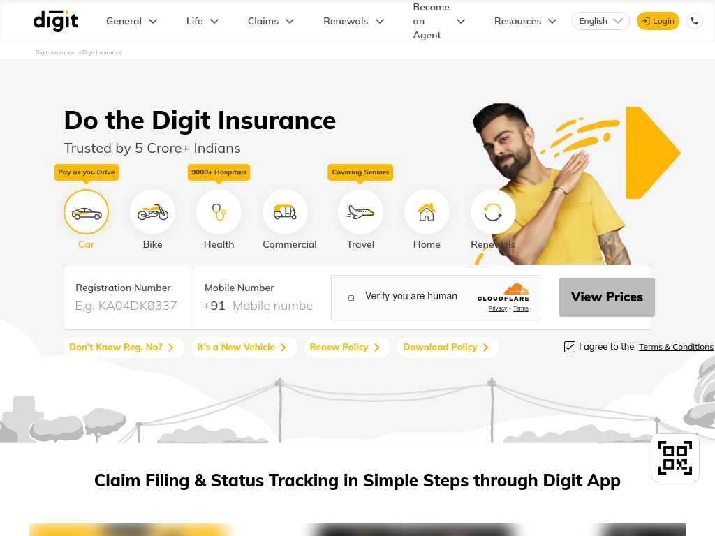 Screenshot of the website of Digit Insurance