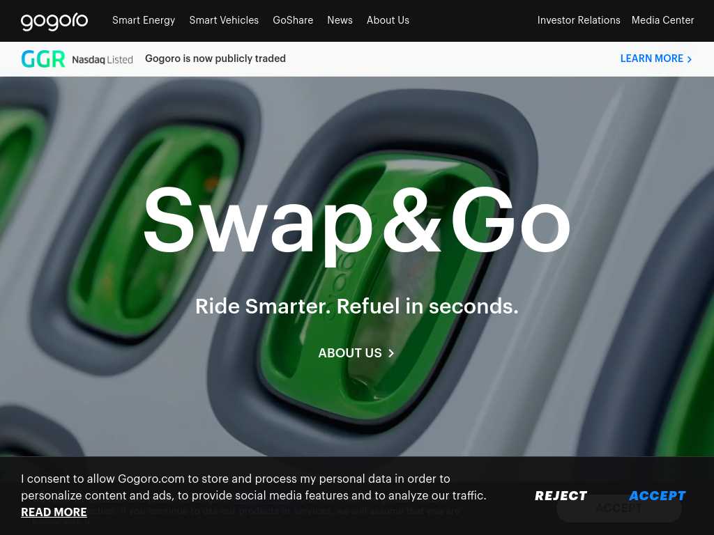 Screenshot of the website of Gogoro