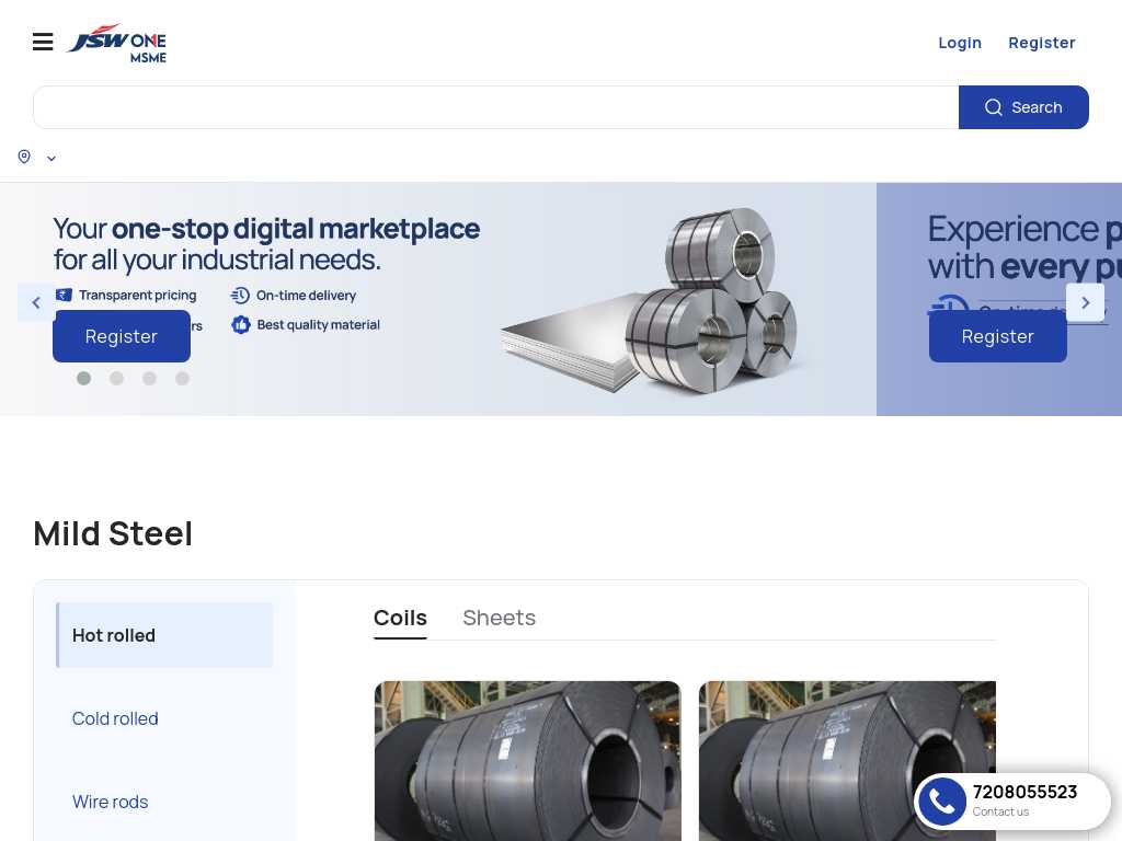 Screenshot of the website of JSW One MSME