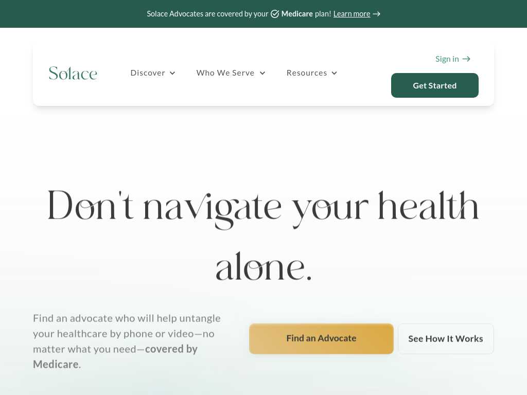 Screenshot of the website of Solace Health